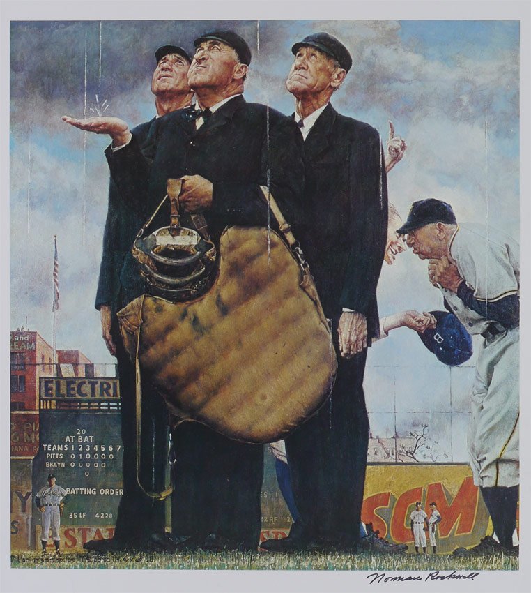 4 OF 15 NORMAN ROCKWELL SUITE SIGNED PRINTS: 4 OF 15 NORMAN ROCKWELL SUITE SIGNED PRINTS: 4 iconic prints from the Saturday Evening Post covers, each hand signed by Norman Rockwell, to include ''Before and After'', ''Tough Call'', ''Weighing In'