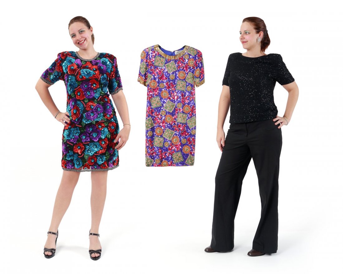OLEG CASSINI DRESS & BEADED BLOUSES - 3 PIECES: OLEG CASSINI BLACK TIE DRESS AND TOP: 3 piece group to include a festive Oleg Cassini sequin and beaded dress. The dress measures 37" collar to hem and 17" shoulder to shoulder. The black beaded top i