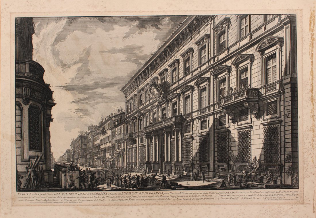 PIRANESI ENGRAVING DEL PALAZZO DELL'ACCADEMIA: PIRANESI ENGRAVING DEL PALAZZO DELL'ACCADEMIA: 19 1/8" x 27 3/4" with margins, unframed.