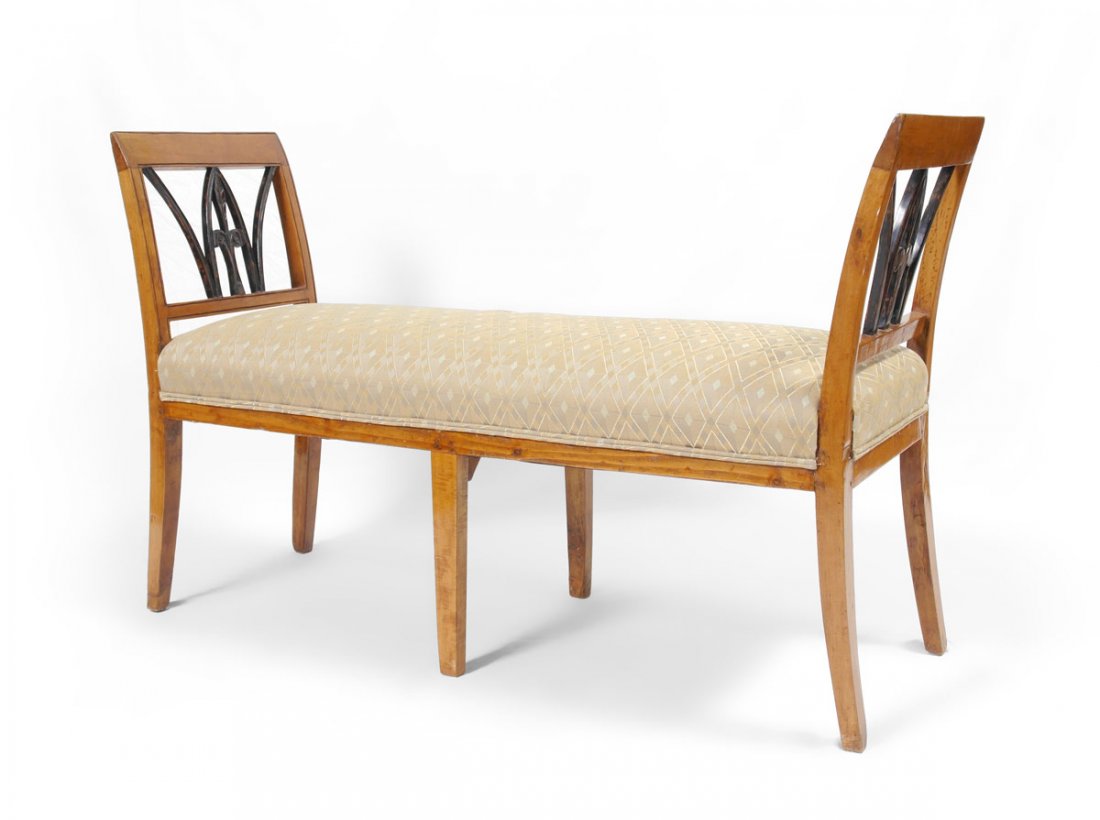 KARL JOHAN BIRCHWOOD BIEDERMEIER BENCH: KARL JOHAN BIRCHWOOD BIEDERMEIER BENCH: Circa 1820, outswept arms with ebonized carved wood decoration. On 6 legs, recently re-upholstered with a diamond pattern. 30 1/2'' h. x 49 1/2'' x 16 1/2''