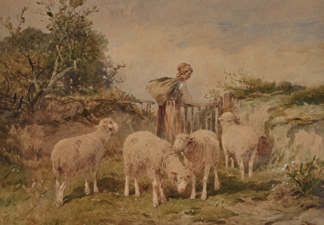 BRISSOT PAINTING OF SHEPHERDESS & SHEEP: WARVILLE, Felix Saturnin de, (French, 1818-1892): Shepherdess & Sheep, Watercolor, Sight size 9 1/4" x 13 1/4", signed lower left, pierce carved and gilded frame 20" x 24".