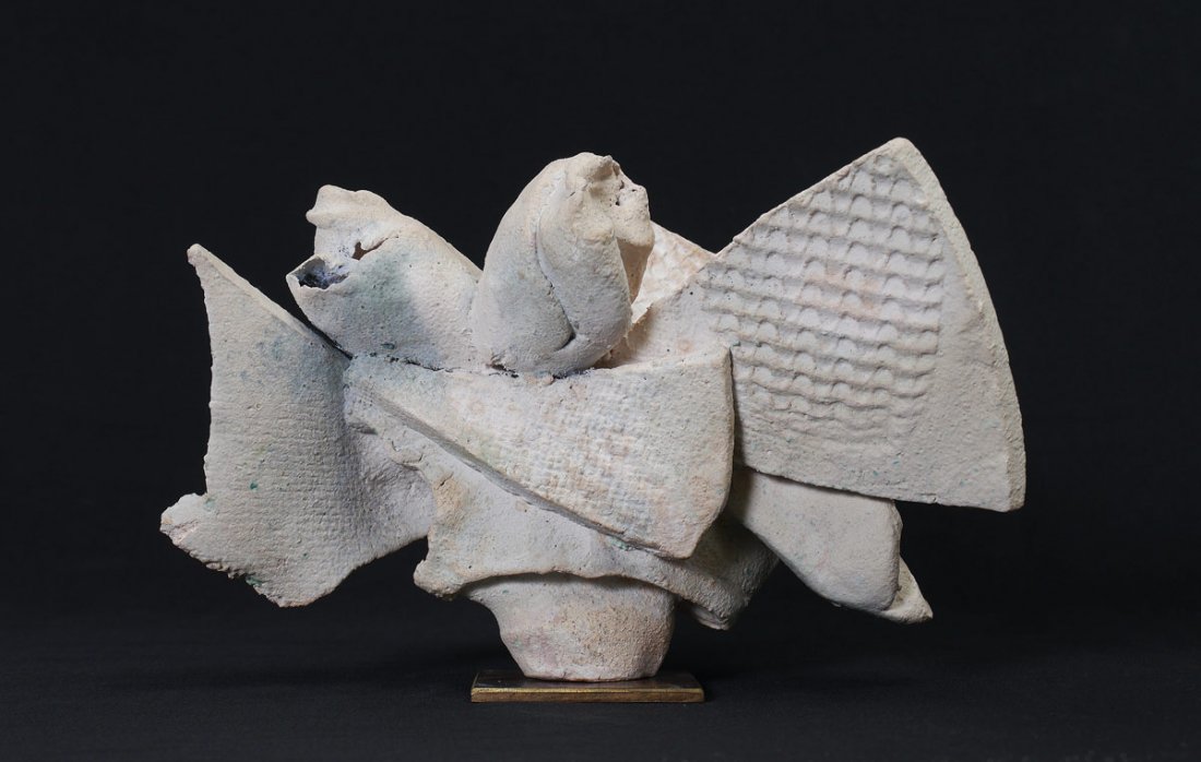 PAUL SOLDNER CERAMIC "TEAPOT": SOLDNER, Paul, (American, 1921-2011): Ceramic "TEAPOT", 7 1/2" h. x 11 3/4" x 8", there is a stamped mark verso, sits on a brass pedestal allowing the sculpture to spin.