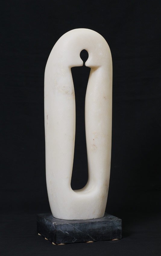 YEPES WHITE ALABASTER SCULPTURE: YEPES, Eduardo Diaz, (Uruguayan, 1910-1979): White Alabaster Sculpture, abstract compressed ovoid ring; the interior formed as the outline of an anthropomorphic figure, signed in intaglio on one side,