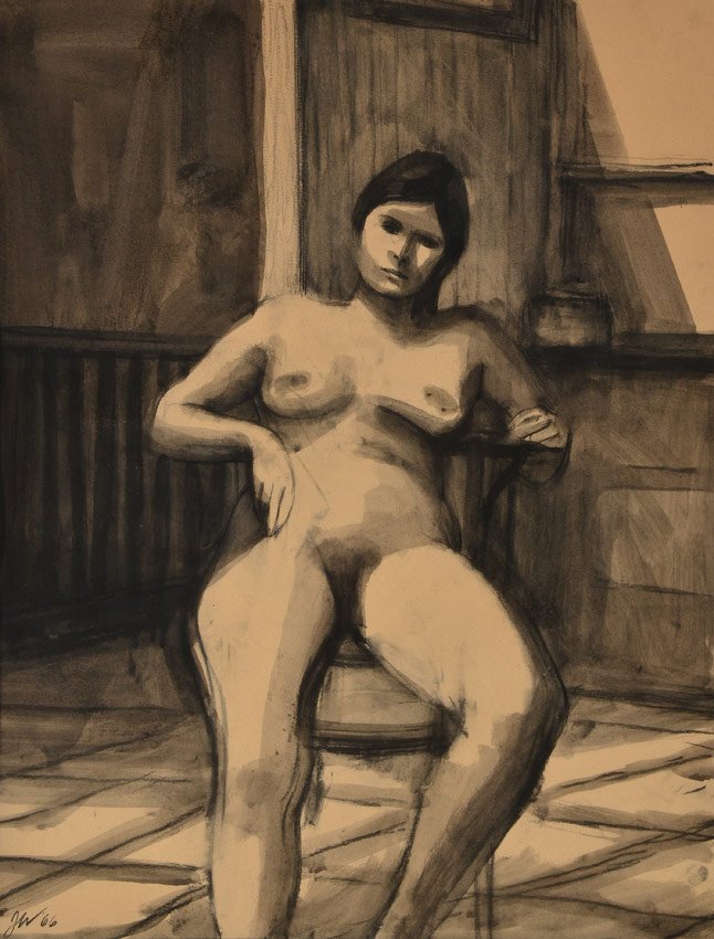 JAMES WEEKS FEMALE NUDE PAINTING: WEEKS, James (Darrell Northrup), (American, 1922-1998): Full Frontal Seated Female Nude, Sepia/Charcoal, Sight size 19 1/2" x 15 14", monogrammed lower left JW, dated '66, vintage silver gilt frame wi