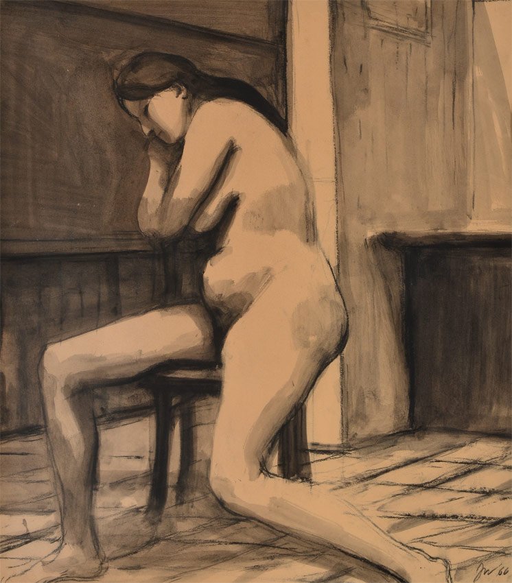 JAMES WEEKS NUDE WATERCOLOR: WEEKS, James (Darrell Northrup), (American, 1922-1998): Seated Nude Facing Right, Watercolor/Sepia and Charcoal, Sight size 19 3/4" x 17 1/4", monogrammed lower right JW, dated '66, vintage silver gil