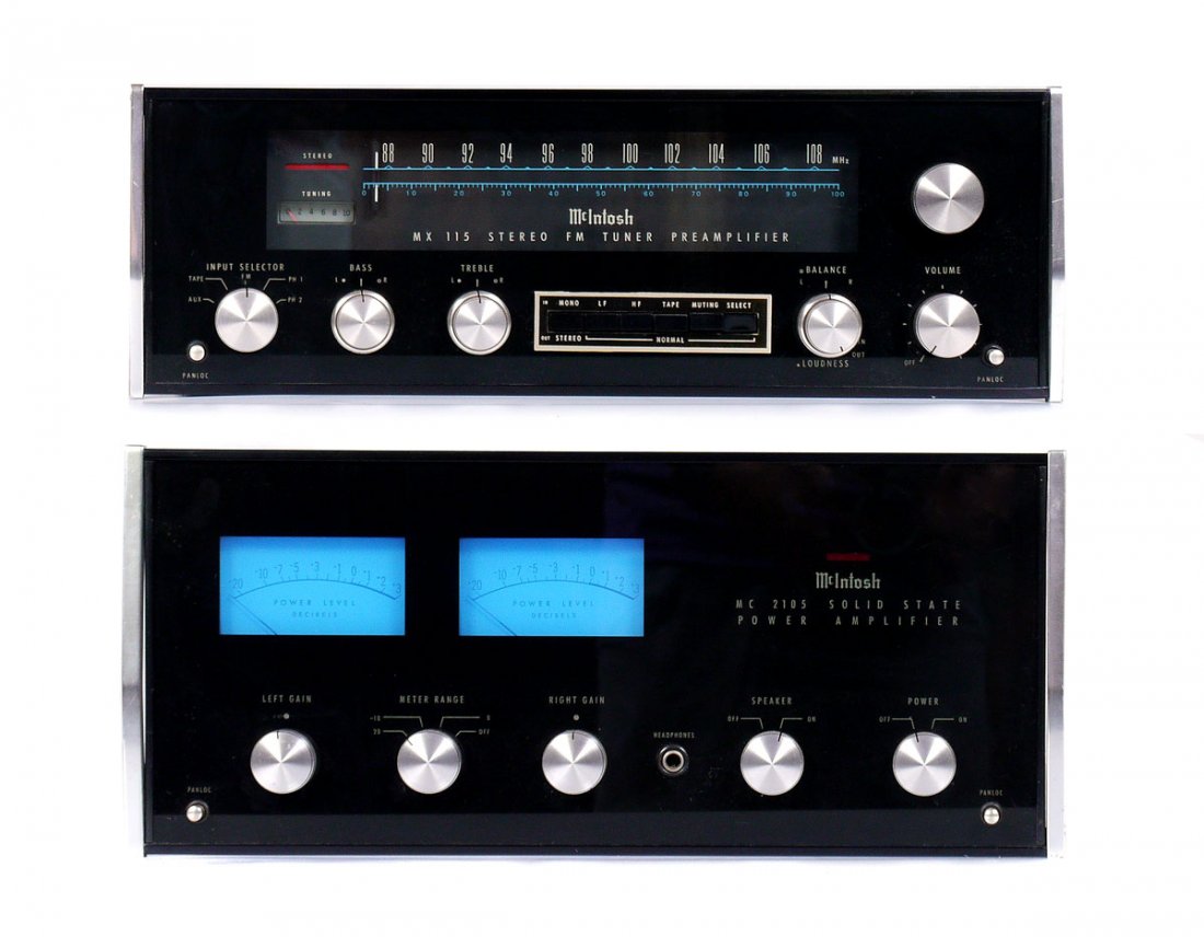 MCINTOSH MC 2105 POWER AMP & MX 113 PRE AMP: MCINTOSH MC 2105 POWER AMPLIFIER & MX 115 PRE AMPLIFIER: 2 piece lot to include 1) MC 2105 power amplifier, serial number AH 1852. 7" h. x 16 1/4" x 15". 2) MX 115 Tuner and Preamplifier, serial numbe
