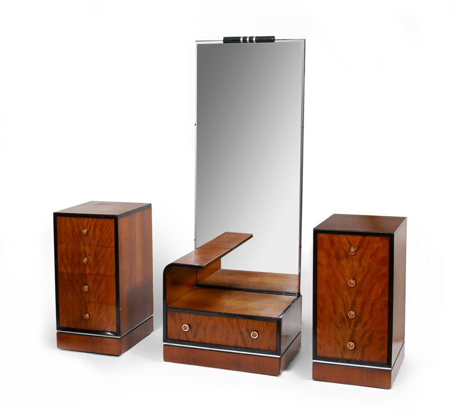 PAIR GILBERT RHODE NIGHTSTANDS AND VANITY: PAIR GILBERT RHODE NIGHTSTANDS AND VANITY: 3 pieces total to include 1) Deco style vanity with painted wood decoration top of beveled mirror, bentwood shelf and single lower drawer. 67" h. x 24" x 19