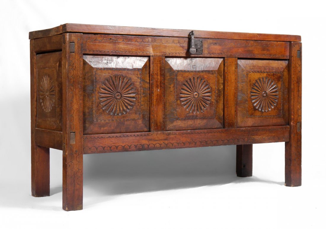 MEXICAN COLONIAL BLANKET CHEST: MEXICAN COLONIAL BLANKET CHEST: Hinged top with iron hardware. Carved paneled front and sides, through tenon construction. 39" h. x 65 1/4" x 21 3/4".
