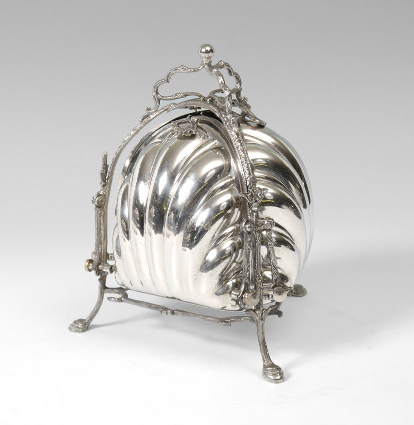 VICTORIAN SILVERPLATE TRIPLE BUN WARMER: VICTORIAN SILVERPLATE TRIPLE BUN WARMER: Each side with shell form, on 3 hoof feet. Marked Italy, overall measures 9 3/4" h. x 8 3/4".