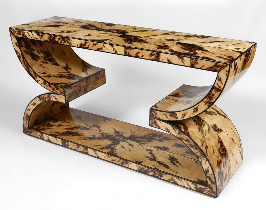 GRAIN PAINTED DECO MODERNE CONSOLE TABLE: GRAIN PAINTED DECO MODERNE CONSOLE TABLE: Of a most unusual form with double curve design. Richly grain painted veneer overall. Measures 28 3/4" h. x 54" x 16".