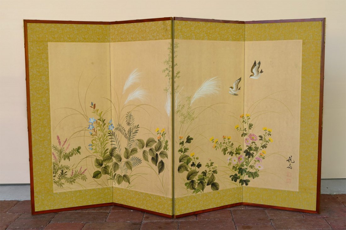 4 PANEL CHINESE SILK SCREEN: 4 PANEL CHINESE SILK SCREEN: Front with floral and birds scene, framed in embossed cloth. Signed. Each panel 35" h. x 14 3/4".