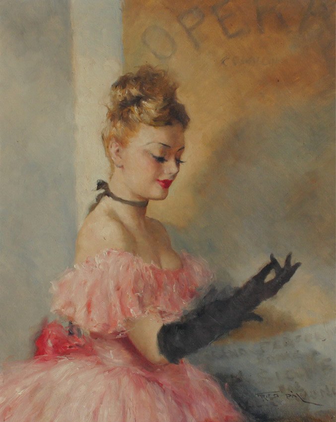 PAL FRIED PAINTING "LES GANTS NOIRS": FRIED, Pal, (Hungarian, 1893-1976): "Les Gants Noirs", Oil/Canvas, 30" x 24", original carved and painted frame with wear 38" x 31 1/2".