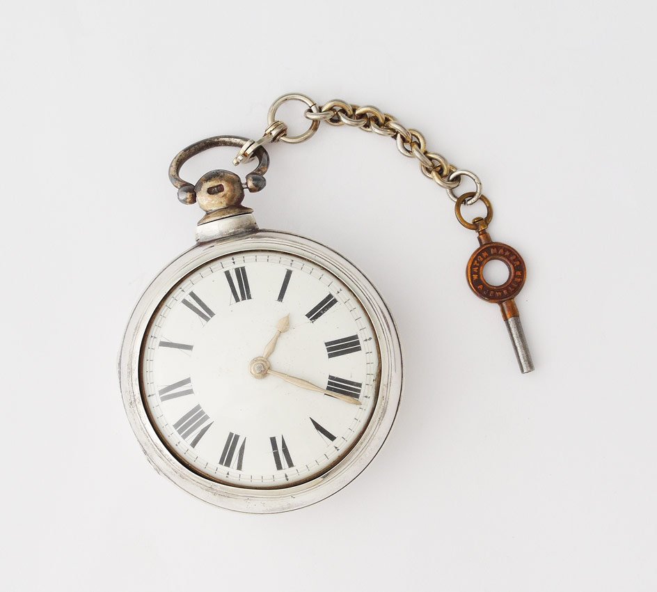 VICTORIAN ENGLISH SILVER FUSEE POCKET WATCH: VICTORIAN ENGLISH SILVER FUSEE POCKET WATCH: Fusee movement signed Ja. Thatcher, Wantage. Matching serial number 39708 on key wind movement and 1857 London hallmarked silver case with unknown makers h