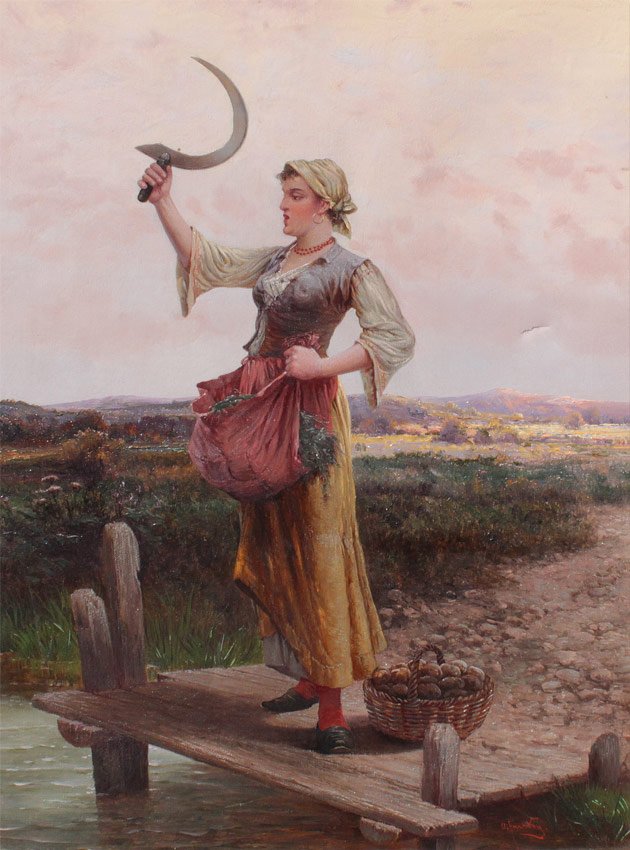 OTTO FARSKY PAINTING OF GIRL WITH SCYTHE: FARSKY, Otto Oldrich, (American, 1860-1930): Peasant Girl Standing by the Water's Edge with Scythe Raised in the Air, Oil/Canvas, 17" x 13", signed lower right, original gilded liner with wear 19" x 1