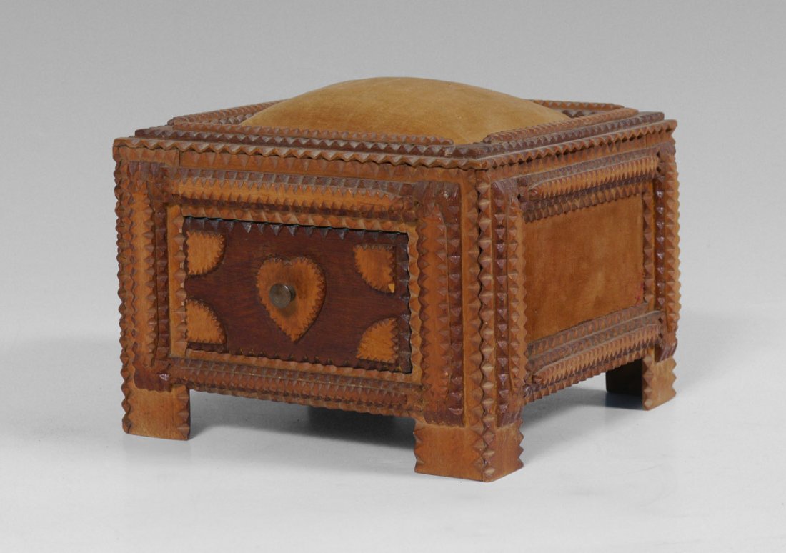 TRAMP ART SEWING BOX: TRAMP ART SEWING BOX: Top and 3 sides with velvet inset, single drawer front, brass pull with heart shaped decoration. Lined drawer interior. Overall measures 6'' h. x 8'' x 8''.
