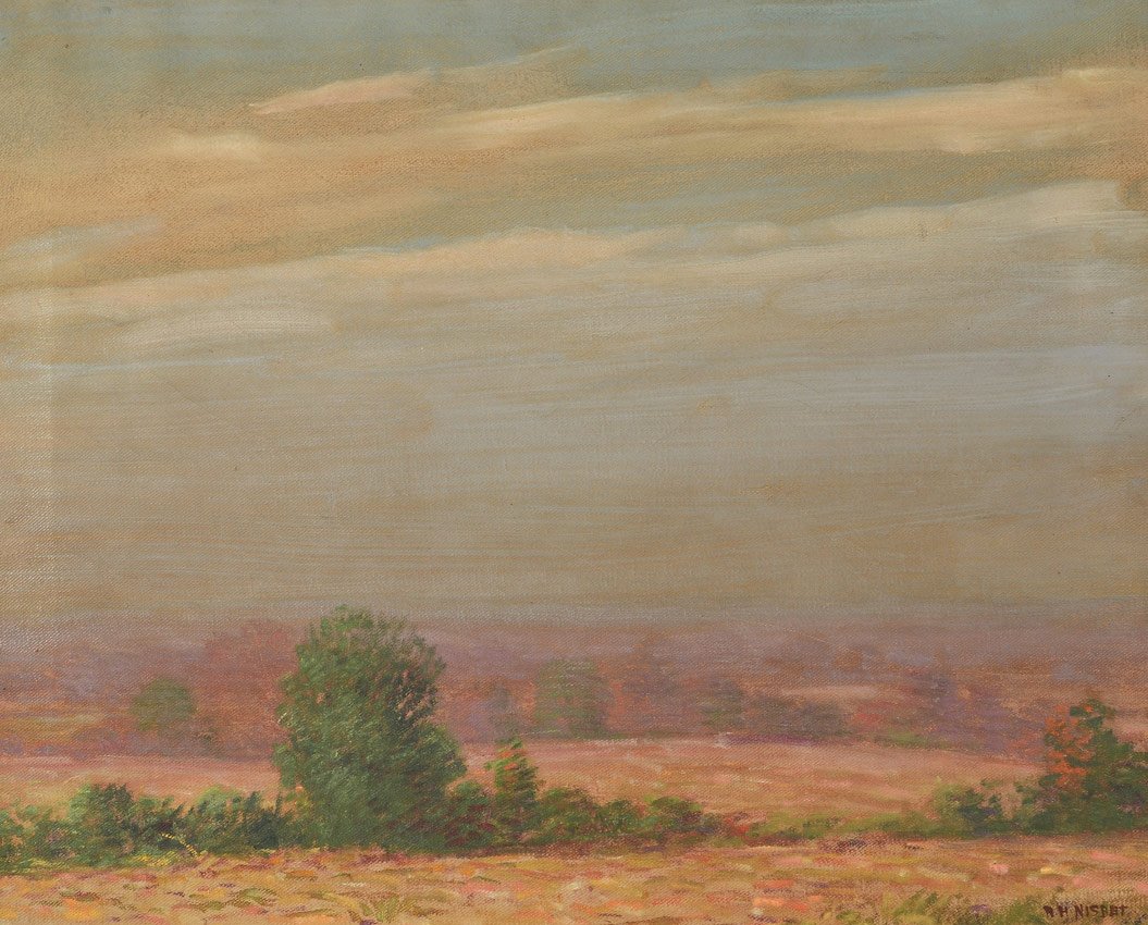 ROBERT NISBET AUTUMNAL LANDSCAPE PAINTING: NISBET, Robert Hogg, (American, 1879-1961): Autumnal Pastoral Landscape, Oil/Canvas, 16" x 20", signed lower right, encased in painted gesso frame 20" x 24".