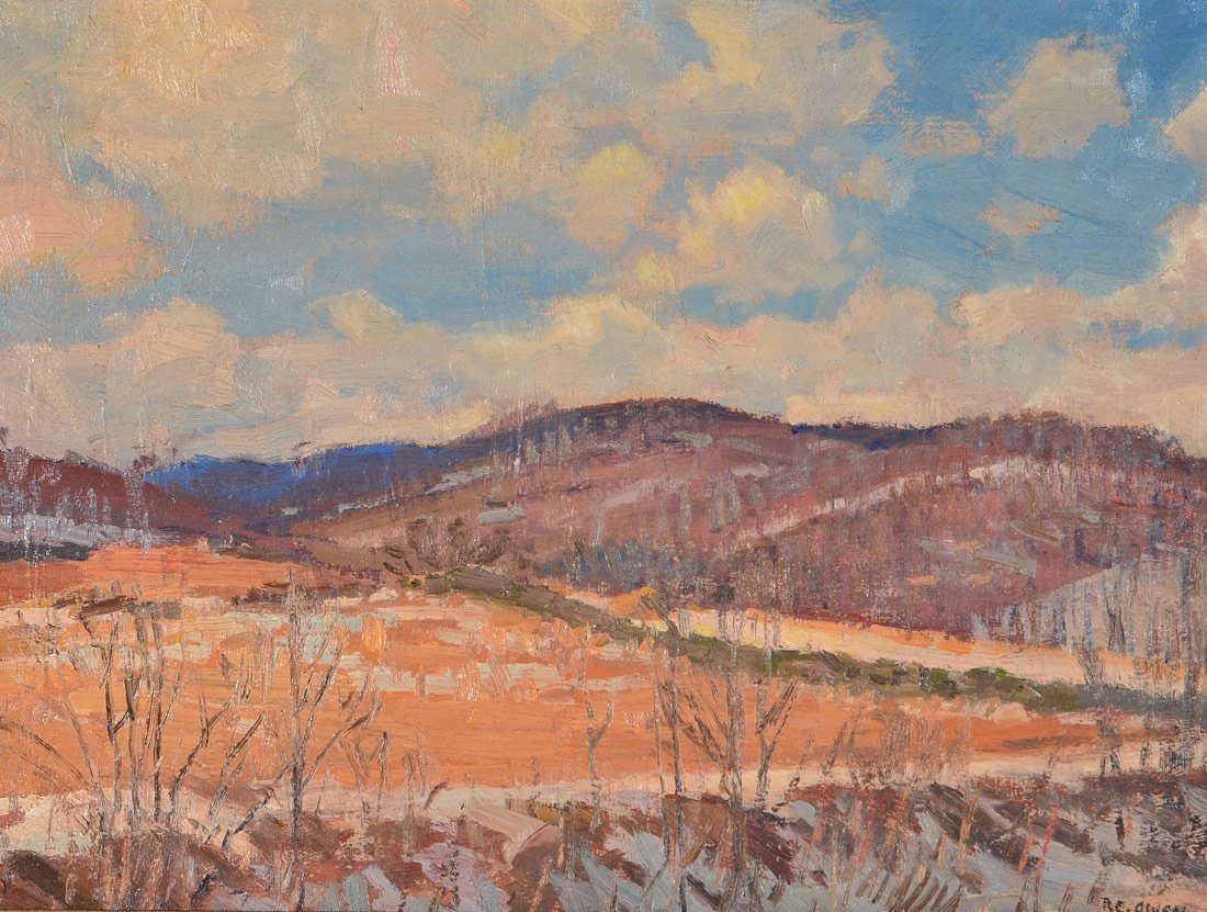 ROBERT EMMETT OWEN WINTER LANDSCAPE PAINTING: OWEN, Robert Emmett, (American, 1878-1957): New England Winter Valley Landscape, Oil/Canvasboard, 12" x 16", signed lower right, carved painted and gilded frame with wear 16 1/2" x 20 1/2".