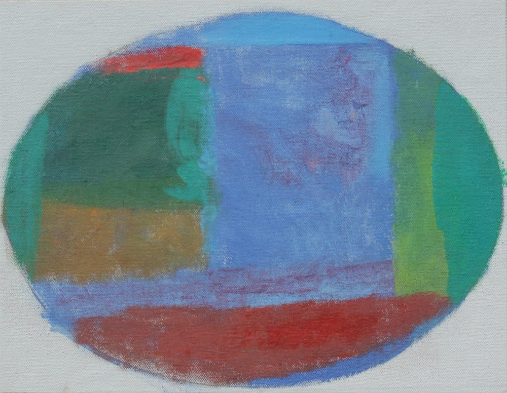 ROBERT NATKIN ABSTRACT PAINTING: NATKIN, Robert, (American, 1930-2010): Colorful Abstract arrangement of Ethereal Geometric Color Masses with an Oval, Oil/Canvas/mounted to board, unsigned, framed in a metal strip molding 9'' x 12'',
