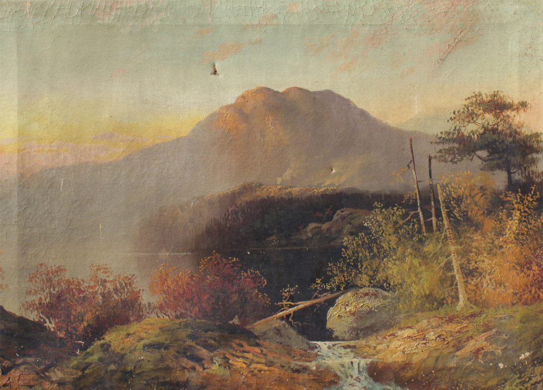 19TH/EARLY 20TH C HUDSON RIVER SCHOOL STYLE PAINTING: LATE 19TH/EARLY 20TH CENTURY HUDSON RIVER SCHOOL STYLE PAINTING: Depicts a Peaceful River Scene with Looming Mountain Background, Oil/Canvas, 21 1/2" x 30", no visible signature, encased in gilded per