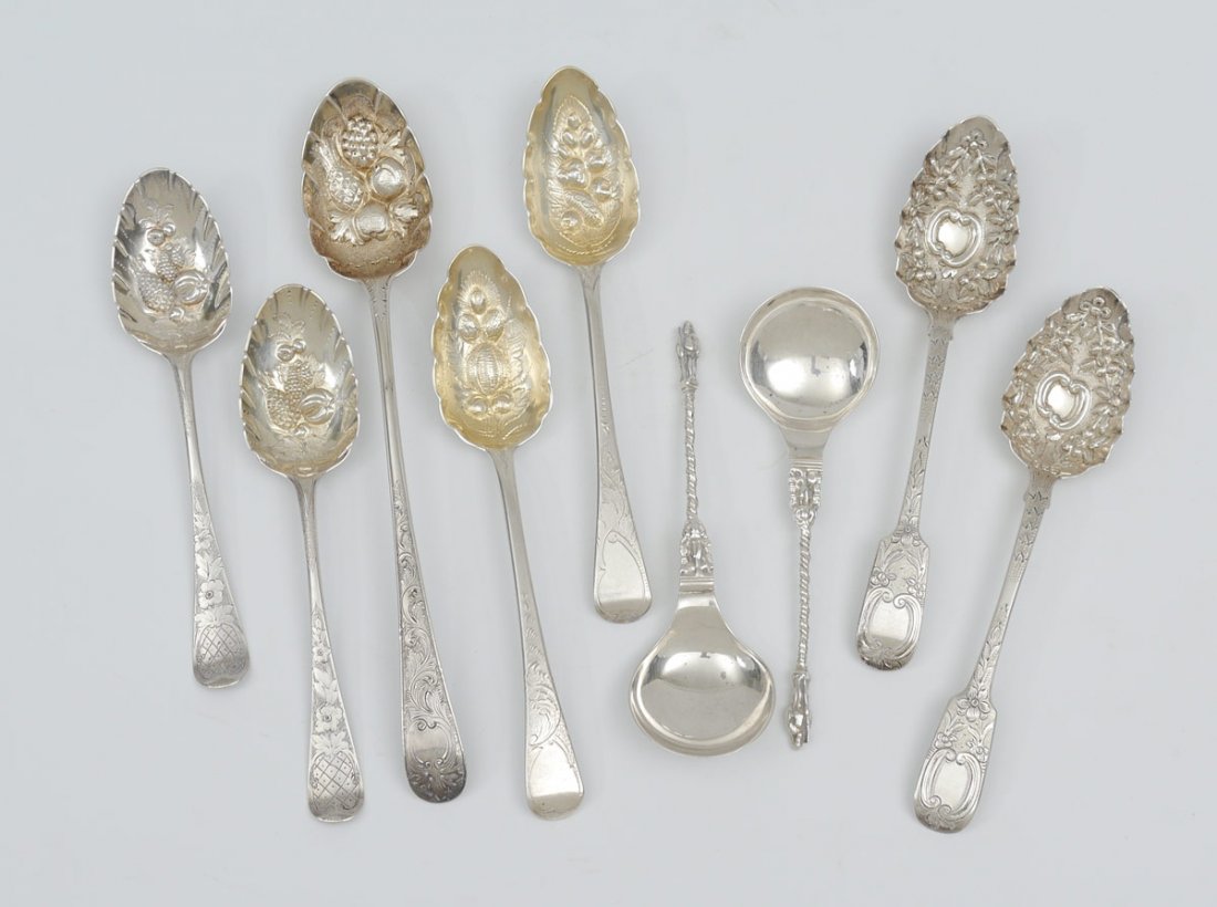 7 ENGLISH STERLING SILVER BERRY SPOONS: 7 ENGLISH STERLING SILVER BERRY SPOONS: 9 pieces total, with an assembled collection of 7 berry serving spoons to include 2 Richard Crosley & George Smith (London 1789), 2 Thomas Wallis (London 1769),
