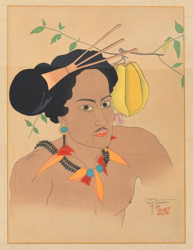 JACOULET JAPANESE WOODBLOCK PRINT UN HOMME DE YAP: JACOULET, Paul, (French, 1896-1960): "Un Homme de Yap, Ouest Carolines", "Man of Yap West Carolinas), Japanese Woodblock Print, 15 1/8" x 11 5/8", pencil signed lower right above the mandarin duck sea