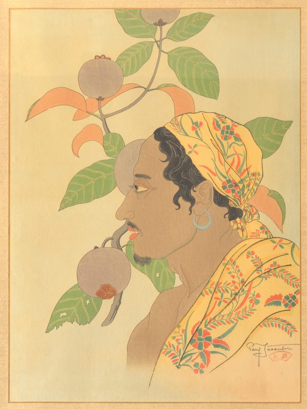 PAUL JACOULET JAPANESE WOODBLOCK "HOMME DE MENDO": JACOULET, Paul, (French, 1896-1960): "Homme de Mendo et Mangoustans. Celebes", Japanese Woodblock Print, 15 1/8" x 11 ½", pencil signed lower right above the fan seal, encased in custom lacquer frame