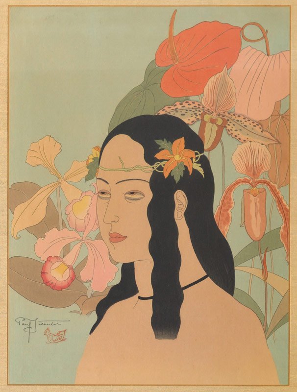 JACOULET JAPANESE WOODBLOCK UN BELLE DE PALOS: JACOULET, Paul, (French, 1896-1960): "Un Belle de Palos", Japanese Woodblock Print, 15 1/8" x 11 ½", pencil signed lower left above mandarin duck seal, encased in custom lacquer frame with wear 21 1/