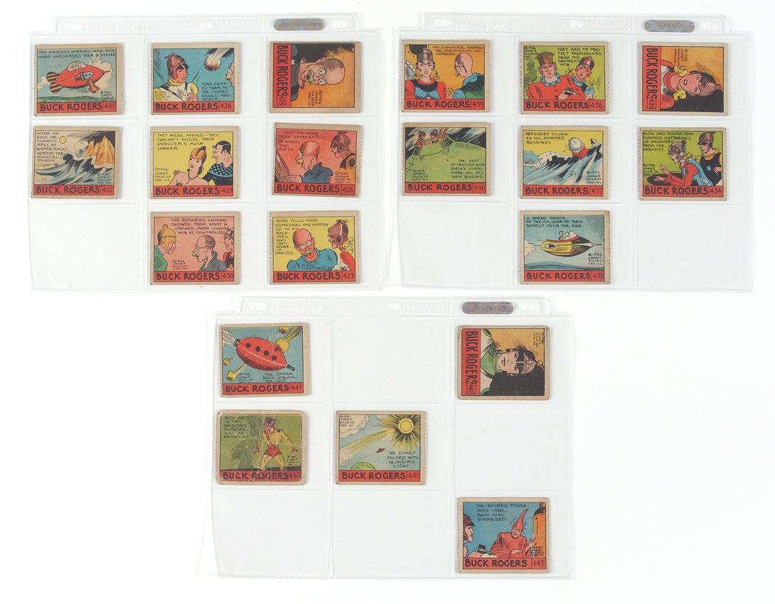 20 R28 BUCK ROGERS GUM TRADING CARDS: 20 R28 BUCK ROGERS GUM TRADING CARDS: 20 original cards by John F. Dille Co., Chic. Ill., circa 1936. Cards include 425-448, missing 435, 442, 444 and 446. 2 3/8'' h. x 2 7/8''.