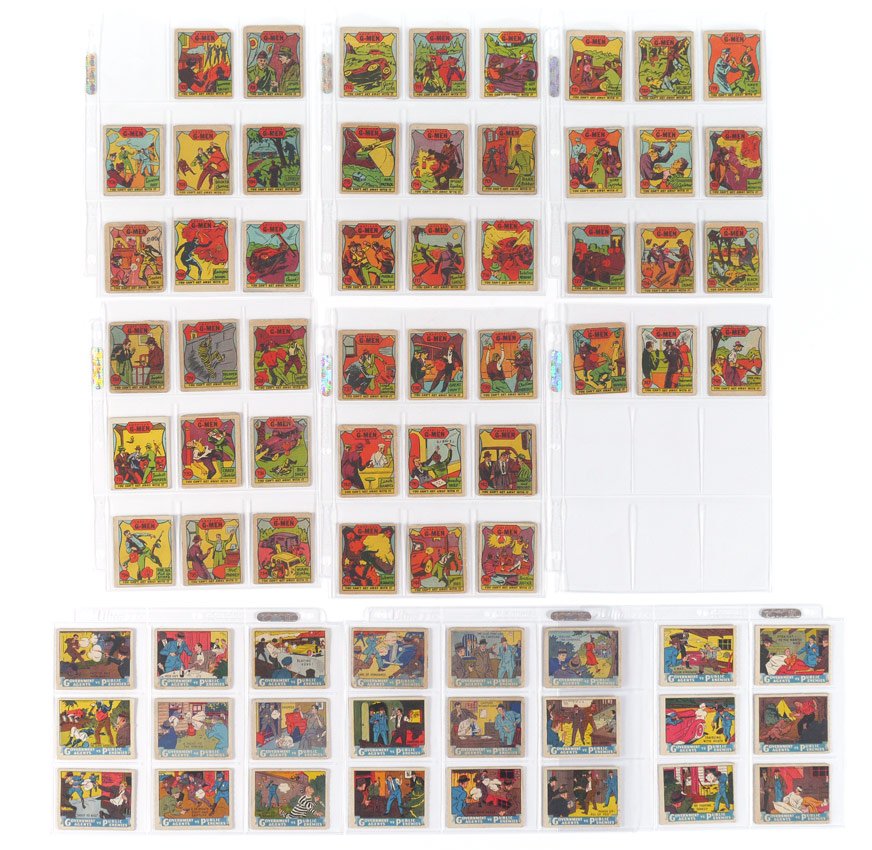 R13-2 & R61 AMERICAN G-MEN GUM TRADING CARDS: R13-2 & R61 AMERICAN G-MEN GUM TRADING CARDS: 2 sets circa 1930's, 71 cards total to include 1) R13-2, ''You Can't Get Away With It'', sequential set 701-748, missing 703. 2) R61, M. Pressner, ''Gover