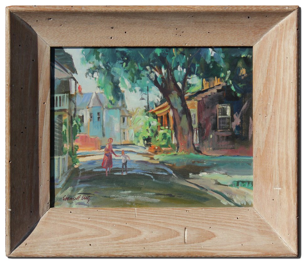 EMMETT FRITZ ST AUGUSTINE STREET PAINTING: FRITZ, Emmett (John Emmett), (American, 1917-1995): St. Augustine Street Scene with Figures, Oil/Board, 8" x 10", signed lower left, original wood frame 11 1/2" x 13 1/2".