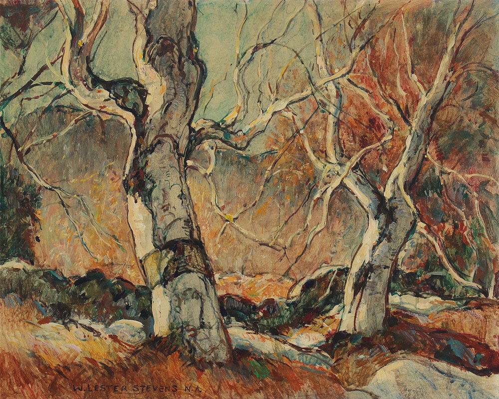 W.L. STEVENS BIRCHES PAINTING: STEVENS, William Lester, (American, 1888-1969): Birches, Acrylic/Board, 16 1/8" x 20 1/4", signed lower left, gold painted frame with wear 23" x 27". Provenance from Kaminski Auction: From a CT collec