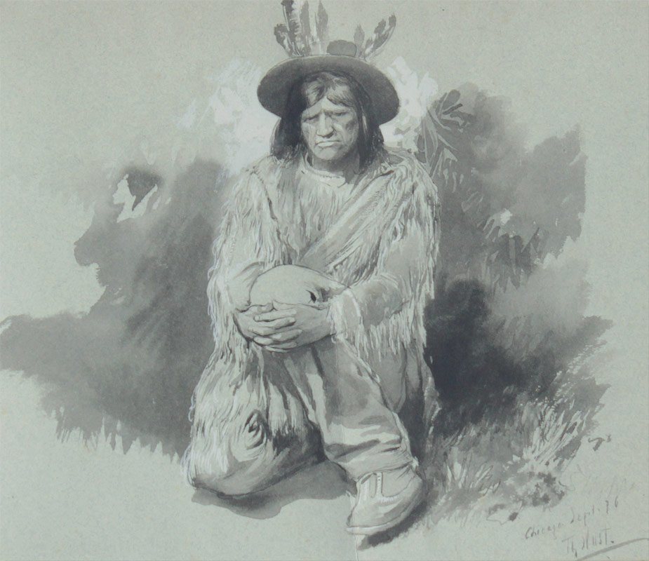 THEODORE WUST INDIAN SEPIA PAINTING: WUST, Theodore, (American, 1853-1915): Crouching Indian with Clasped Hands, Sepia/Gouache, Sight size 8 ½" x 9 3/4", signed lower right, marked Chicago, September 16, contemporary frame 16 3/4" x 18 