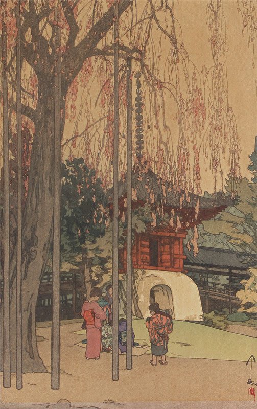 H. YOSHIDA "THE CHERRY TREE AT KAWAGOE" WOODBLOCK: YOSHIDA, Hiroshi, (Japanese, 1876-1950): "The Cherry Tree at Kawagoe", Japanese Woodblock Print, Sight size 14 1/8" x 9 ¼", chop mark lower right, pencil signature under the mat, titled lower left un