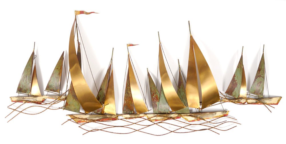 JERE SAILBOAT REGATTA PAINTED METAL WALL PLAQUE: CURTIS JERE SAILBOAT REGATTA PAINTED METAL WALL PLAQUE: Approximately 28" h. x 61" w. , signed.