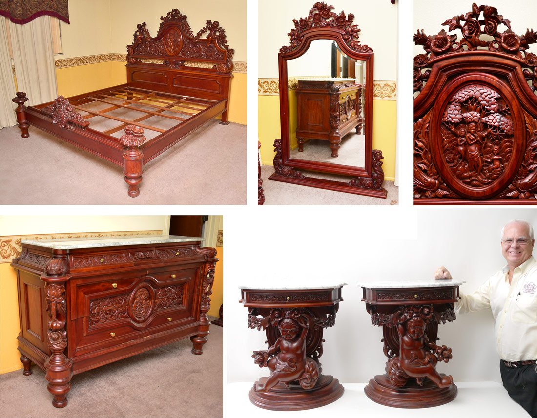 CHERUB CARVED MAHOGANY BEDROOM SET: ITALIAN RENAISSANCE CARVED MAHOGANY BEDROOM SET: Over the top, carved to death KING BED (headboard 72" h. x 85" x 5 1/2", footboard 31 1/2" h.), marble top 6 drawer DRESSER (37 3/4" h. x 59" x 23") wi