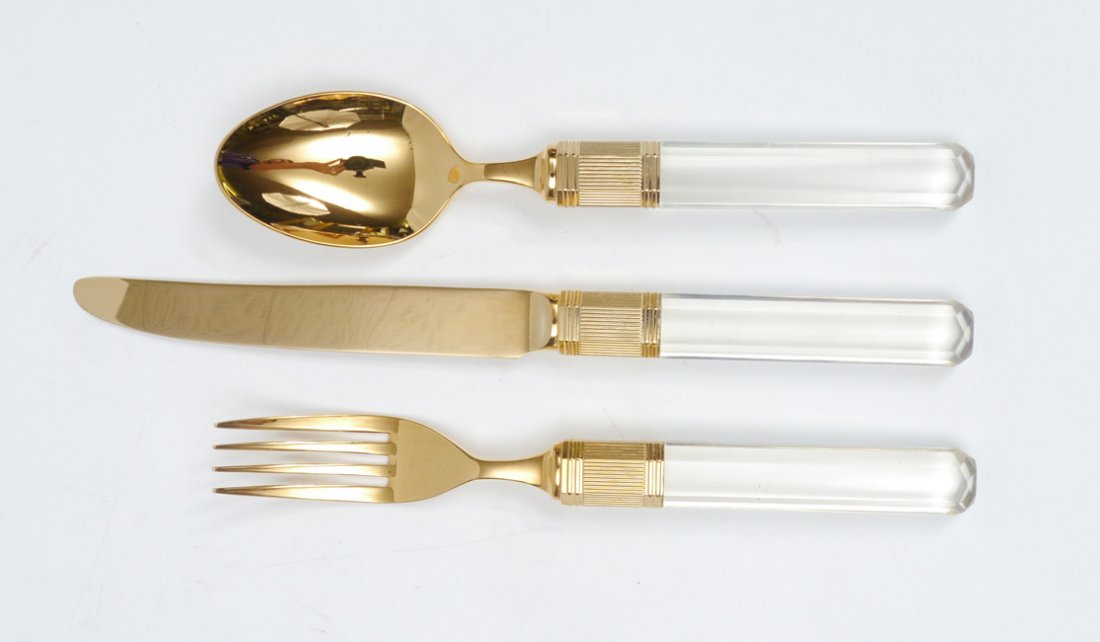 LASKO MIKASA GOLD & LUCITE FLATWARE SERVICE FOR 6: LASKO MIKASA GOLD & LUCITE FLATWARE SERVICE FOR 6: Approx. 30 pieces by Lasko for Mikasa with lucite handles and gold toned stainless steel hardware to include 6 forks (8"), 6 salad forks (6 5/8"), 6 