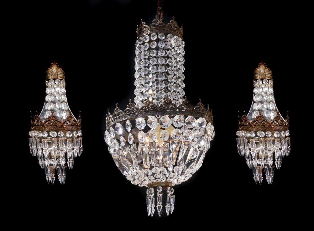 DIMINUTIVE CHANDELIER AND WALL SCONCES: DIMINUTIVE CHANDELIER AND WALL SCONCES: Chandelier with 2 tiers of crystal garlands and drops, 4 light fixture. 21" h. x 11 1/4" dia. Sold with matching pair of wall sconces with no fixtures, 13 1/2"