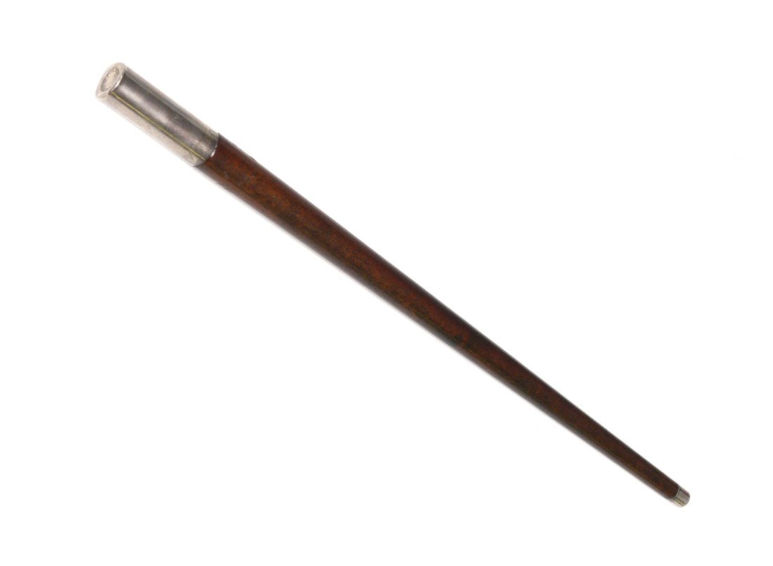 REED & BARTON STERLING MOUNTED SWAGGER STICK: REED & BARTON STERLING MOUNTED SWAGGER STICK: Sterling cap read "Run For Your Life", rosewood shaft, tip marked Reed & Barton, Sterling. 14 1/4" l.