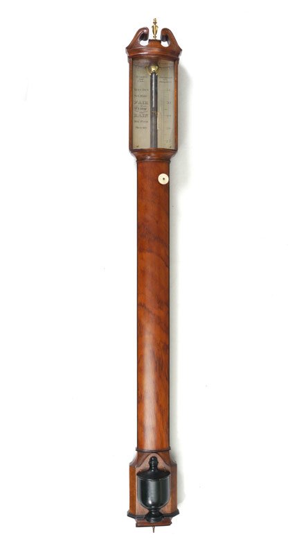 SAUNDERS & COOK STICK BAROMETER: SAUNDERS & COOK STICK BAROMETER: Mahogany case, broken arch pediment with brass urn finial. Brass face marked Saunders & Cooke, Portsmouth, New Hampshire. Bone adjustment knob. Overall 40 1/2" h x 4 1