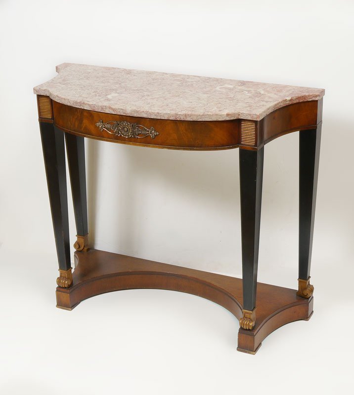 MARBLE TOP CONSOLE TABLE: MARBLE TOP CONSOLE TABLE: Shaped rose colored variegated marble top, applied ormolu decoration. Carved and tapered supports, lower shaped stretcher. Overall measures 30 1/2" h. x 36" x 16".
