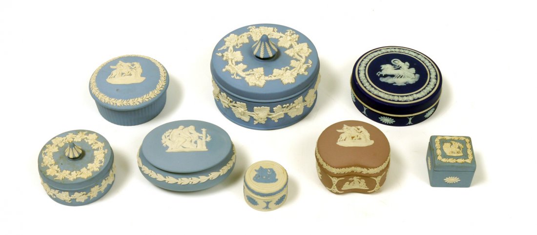 WEDGWOOD JASPER BOXES 8 PC GROUP: 8 PIECE COLLECTION WEDGWOOD JASPERWARE BOXES: Covered boxes ranging from the smallest 1 1/2" tall x 1 3/4" dia. to the largest powder jar, 3 1/2" tall x 5" dia.