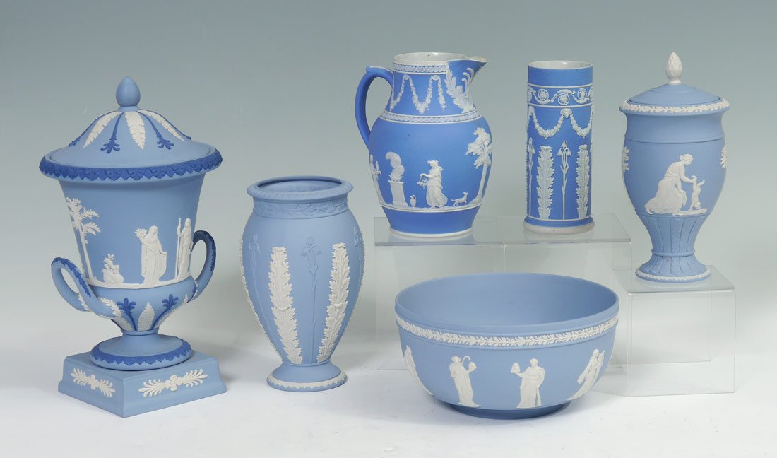 6 PC WEDGWOOD JASPERWARE: 6 PIECE WEDGWOOD JASPER GROUP: 1) Three color urn with handles, 11 1/2" tall. 2) Bowl, 8" dia. 3) Spill vase, 6 1/2", 4) Earlier Jug, 7" 5) Vase and 6) A covered urn, 8" tall.