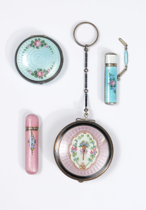 4 PIECE GUILLOCHE COMPACTS & LIPSTICKS: 4 PIECE GUILLOCHE COMPACTS & LIPSTICKS: 4 pieces total all unmarked to include 1) Light blue guilloche & floral decoration compact. 1 3/4" dia. 2) Purple guilloche & floral decoration compact with cha
