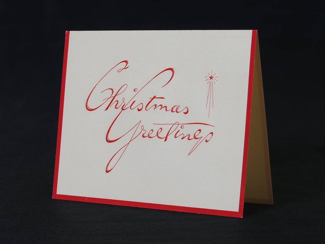 1956 SENATOR JOHN F. KENNEDY CHRISTMAS CARD: 1956 SENATOR JOHN F. KENNEDY JFK CHRISTMAS CARD: Red over white cover reads "Christmas Greetings", inside "May the Blessing of Christmas be upon you and yours, Senator and Mrs. John F. Kennedy". Facsi