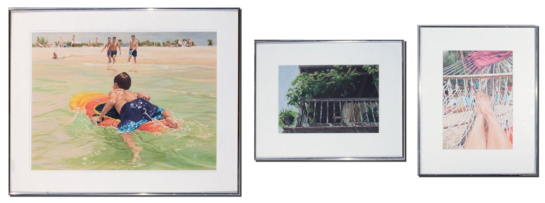 MELISSA MILLER NECE 3 PIECE COLOR PENCIL LOT: NECE, Melissa Miller, (American, 20th Century): 3 Piece Color Pencil Lot to include; 1) "Heading In", Color Pencil Drawing, 24" x 30", signed lower left, metal frame 24 1/4" x 30 1/4"; 2) "Upstairs Re