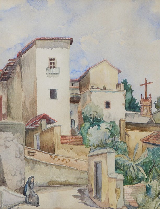 CARL PAPPE TAXCO VILLAGE PAINTING: PAPPE, Carl Lewis, (Mexican-American, 1900-1998): Taxco Village Painting, Watercolor, Sight size 24" x 18 1/2", signed lower right, titled and dated 1940, custom painted wood frame 31 1/2" x 26" x 2".