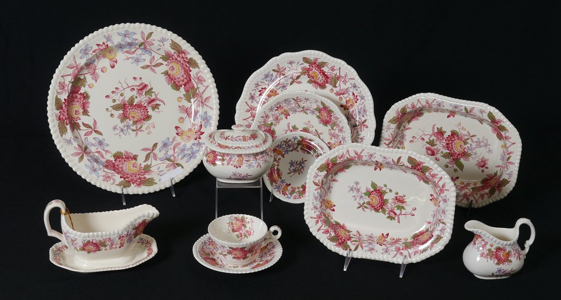 SPODE "ASTER" DINNERWARE: SPODE "ASTER" DINNERWARE: Approx 73 pieces to include 10 dinner plates (11"), 13 salad plates, 10 bread plates, 14 cups, 15 saucers, cream pitcher, covered sugar, 2 open vegetable, gravy with attached