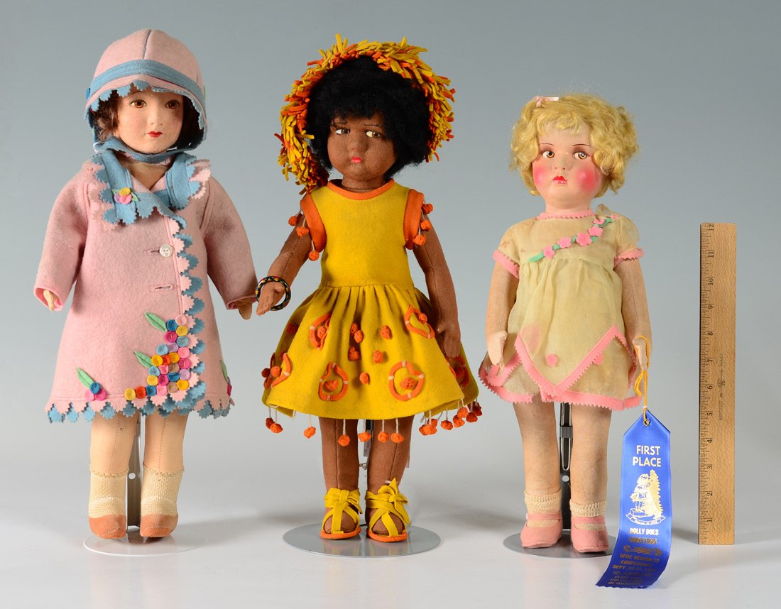 3 RAYNAL LENCI FELT / CLOTH DOLLS: 3 ALL ORIGINAL FELT & CLOTH DOLLS: 1) Raynal doll, blonde hair, organdy dress, pressed mask face, 18" tall. Blue ribbon winner. 2) English little girl doll, painted face, brown hair with hat and coat,