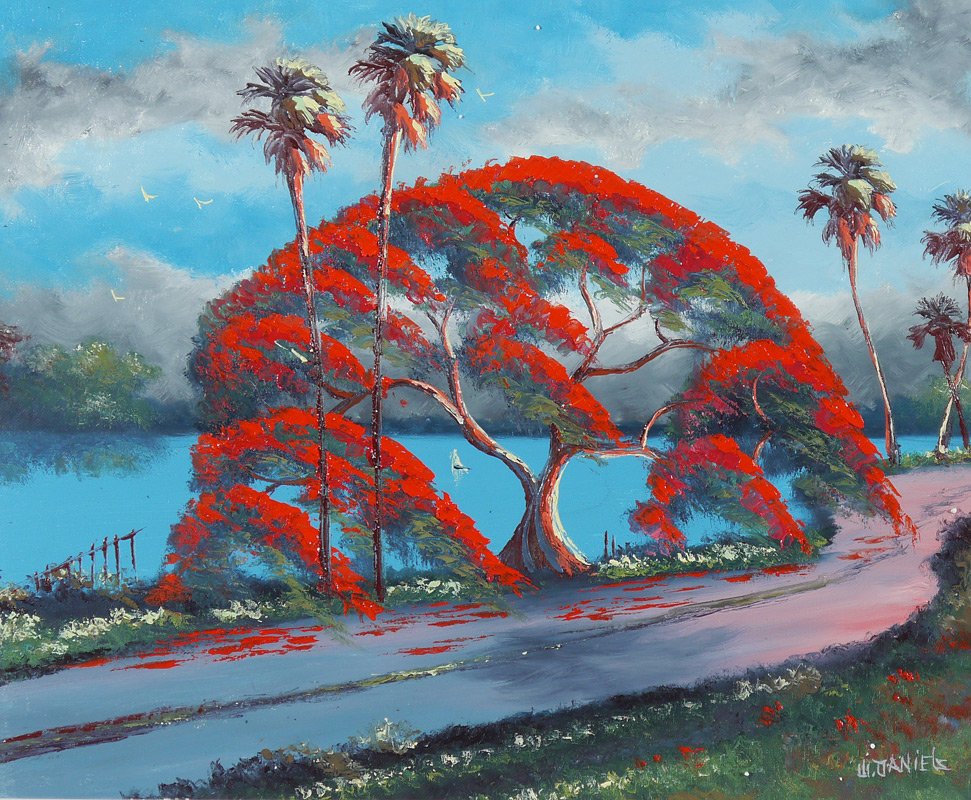 WILLIE DANIELS FLORIDA HIGHWAYMEN PAINTING: DANIELS, Willie, (American, 20th Century): Florida Highwaymen landscape with poinciana tree in bloom, Oil/Board, signed lower right, 16" x 20", framed 19 3/4" x 23 3/4".