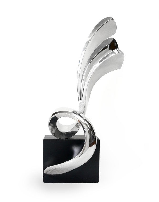 PETER CHINNI CHROME SCULPTURE: PETER CHINNI CHROME SCULPTURE: "Hortus Naturae", 42" tall, approximately 19" wide, affixed to a painted metal plinth, there is an incised signature, #'d 1/8, dated 1963.